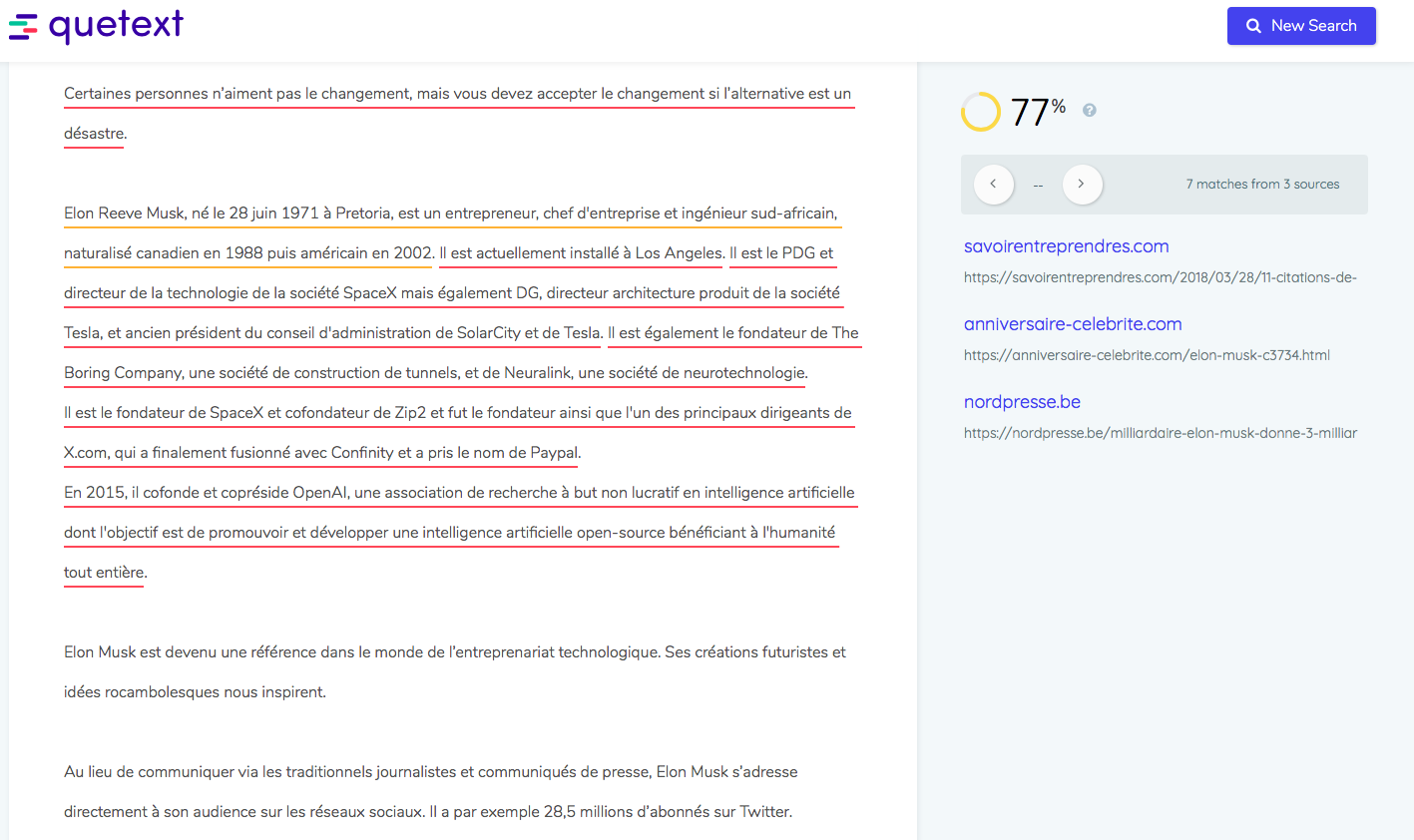 Résultats Quetext logiciel anti plagiat gratuit